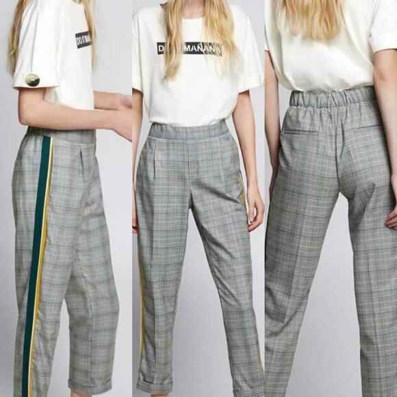 Zara Pants Women's 5 Gray Trafulac Cigarette Glen Plaid Side Stripe Academia - Picture 2 of 10